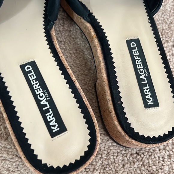 Karl Lagerfeld Cher Suede Cork Mule Sandals Black - Picture 4 of 7
